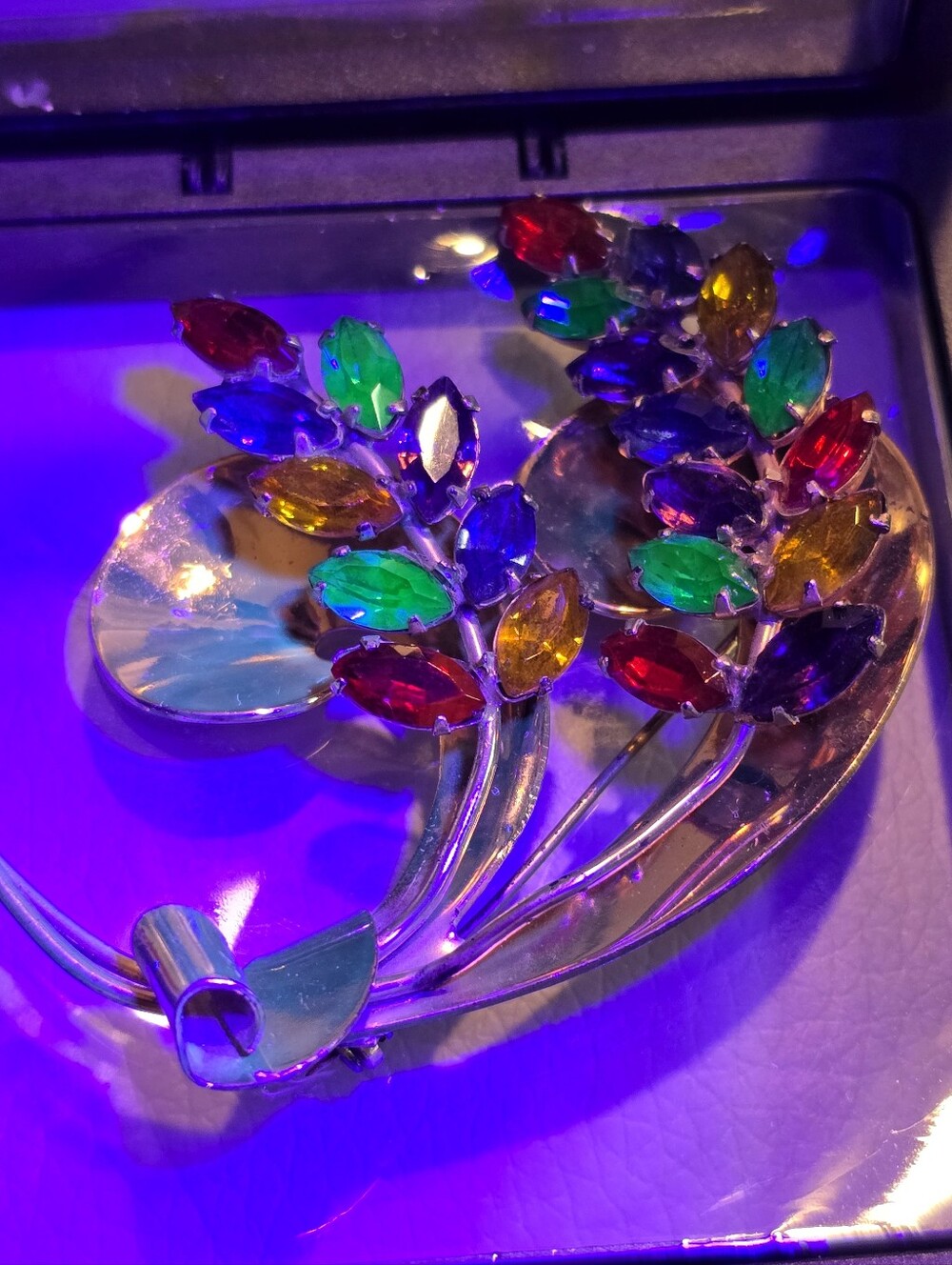 Coro Uranium Glass Gold-Tone Sterling Multicolor Marquise Crystal Floral Brooch - Picture 2 of 6